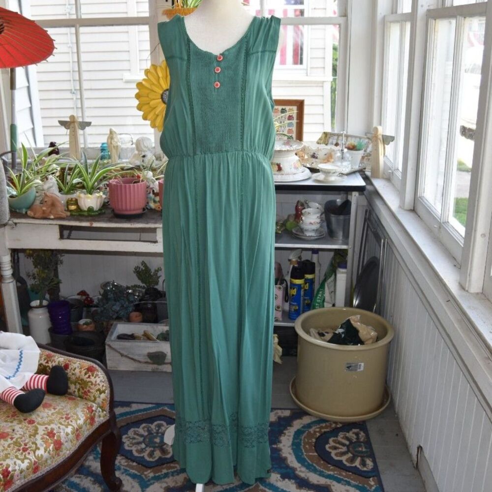 Matilda Jane Down in the Valley Green Boho Maxi Dress Size L Rayon Lace